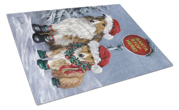 Buy this Sheltie Christmas Santa Stop Glass Cutting Board Large PPP3188LCB