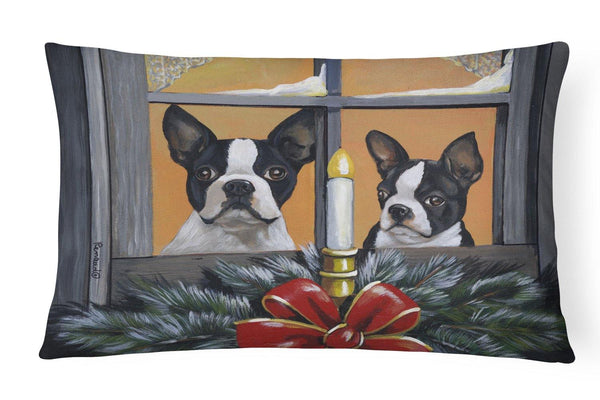 Buy this Boston Terrier Looking for Santa Christmas Canvas Fabric Decorative Pillow PPP3248PW1216